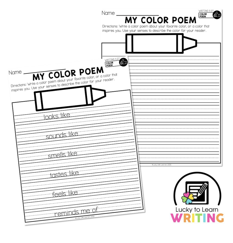 A 'My Color Poem' worksheet designed for 2nd grade students. The sheet prompts students to describe a chosen color using the five senses (sight, sound, smell, taste, and touch) and write their color poem